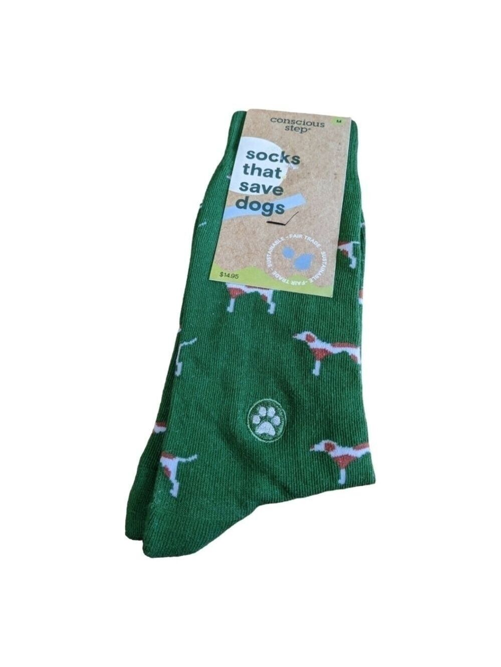 ⭐Conscious Steps,Socks save Dogs,green, embroidered paw print, M 8-13 W 9-14
